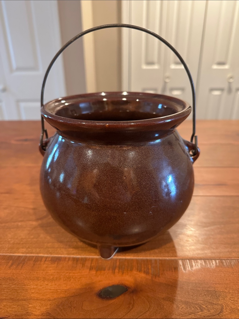 Vintage Brown Ceramic Bean Pot Glazed Pot with Handle
